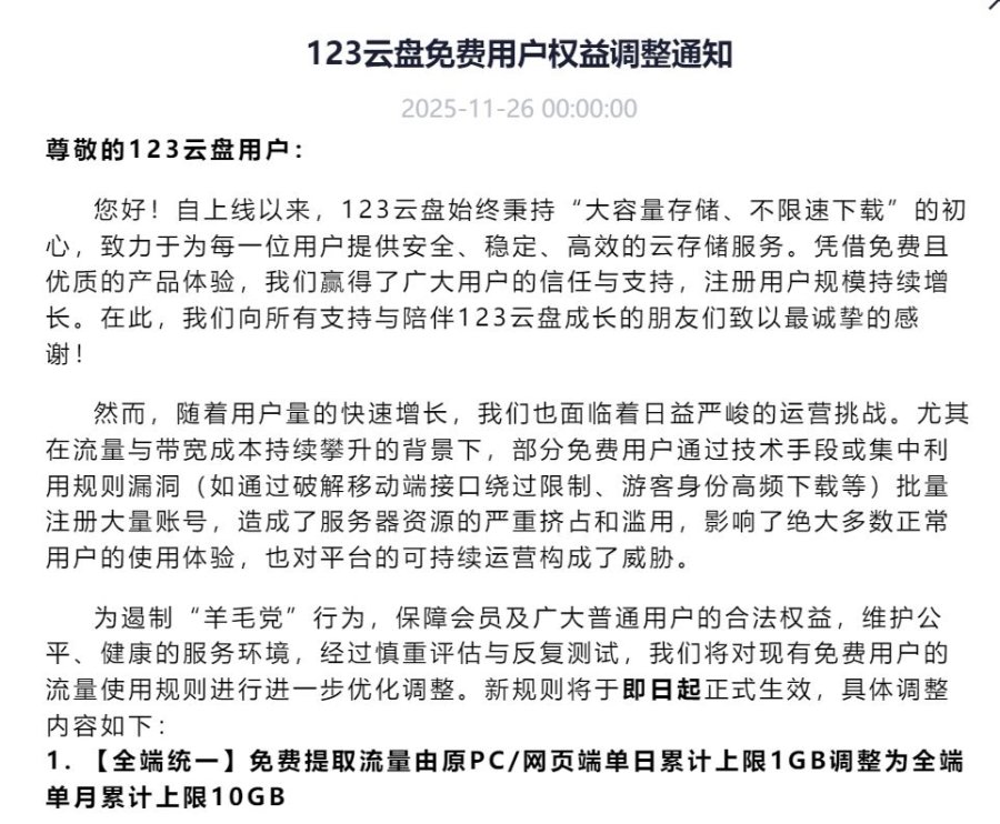 123云盘免费用户权益调整了现在就是一坨