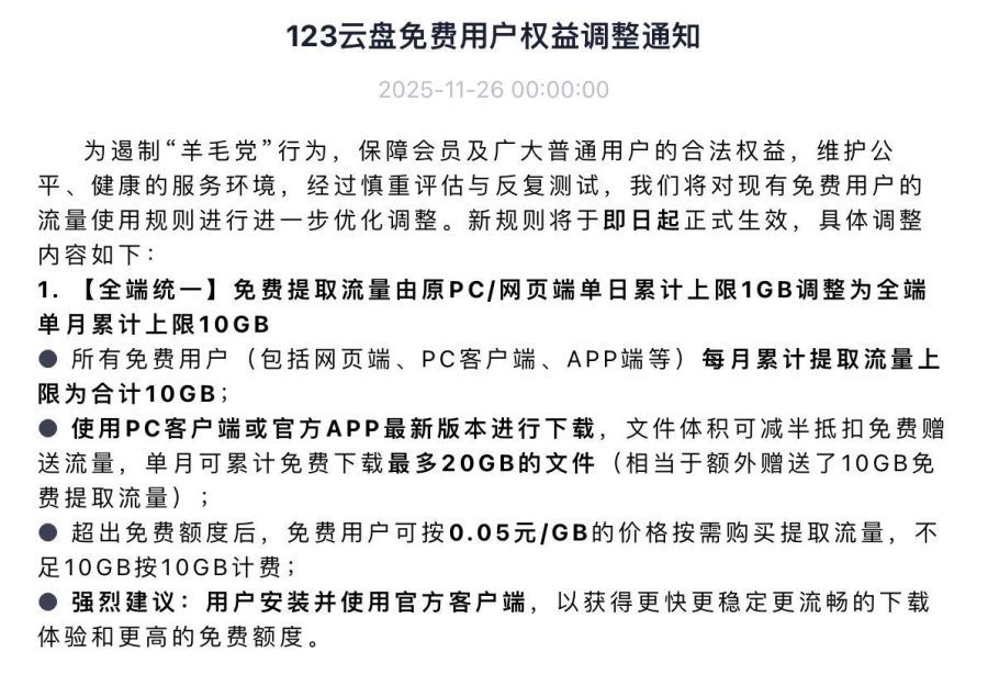 123云盘调整免费用户流量规则遏制“羊毛党”