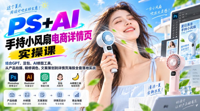 PS+AI手持小风扇电商详情页实操课全套落地实战